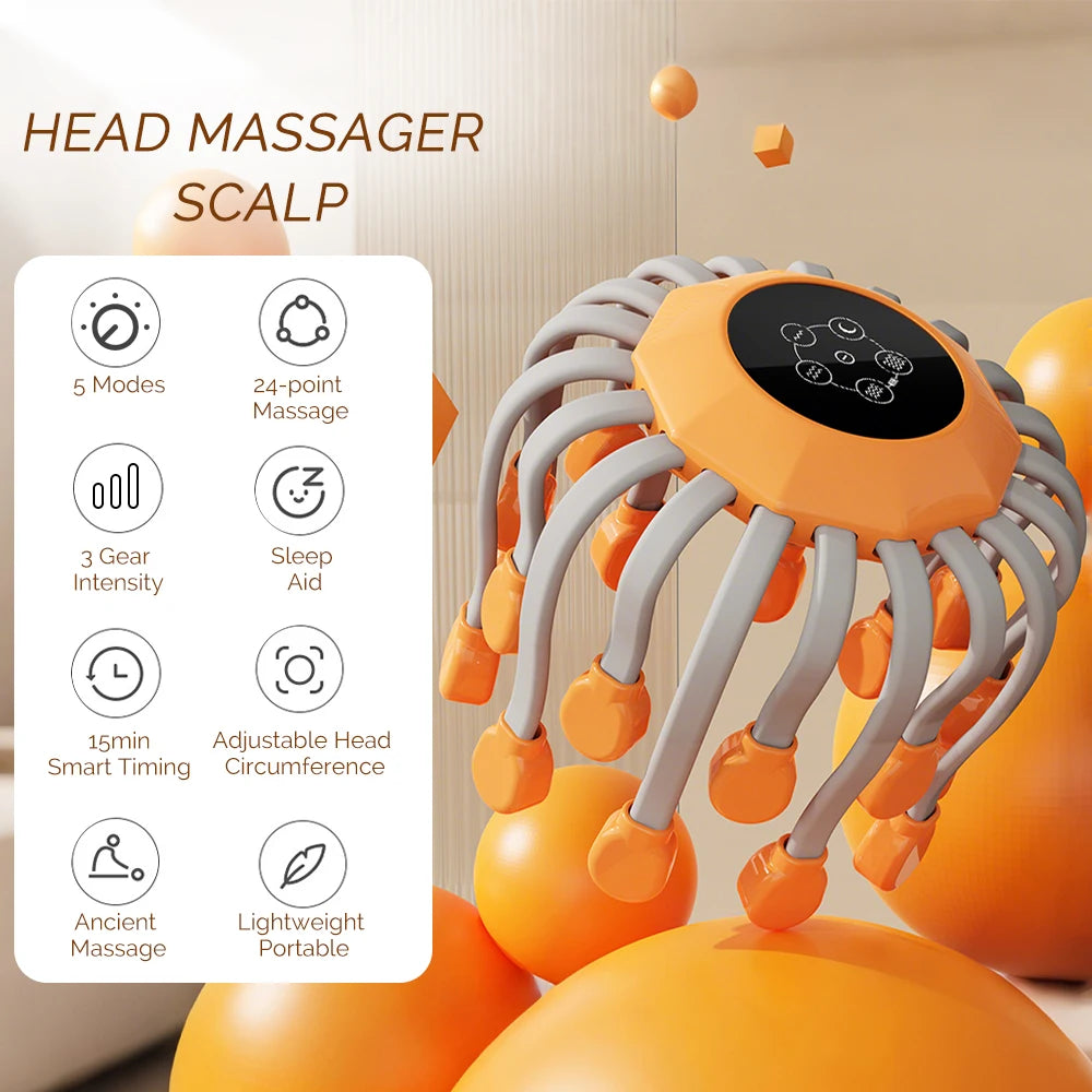 24 Heads Octopus Claw Head Massager Electric Scalp Massager 24 Point Vibration Massage Scratcher Bluetooth Music Relaxation